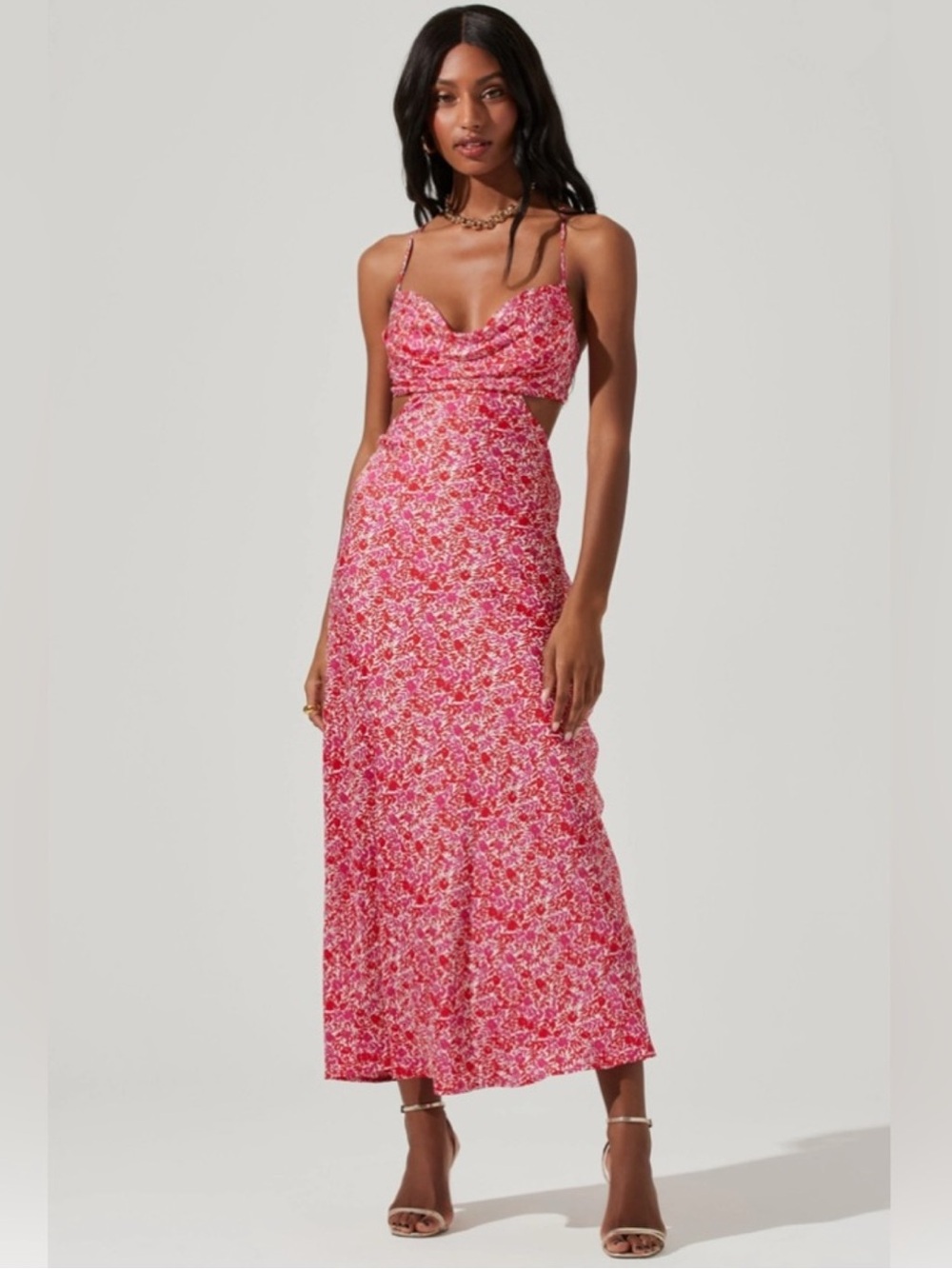 Astr the Label Colette Floral Satin Cutout Midi Dress in Red fuchsia floral / M